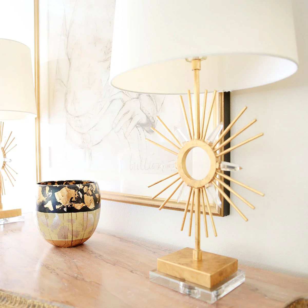Tischlampe Sun King, 1-flammig, Antik-Gold, cremefarbener Schirm - Image 3